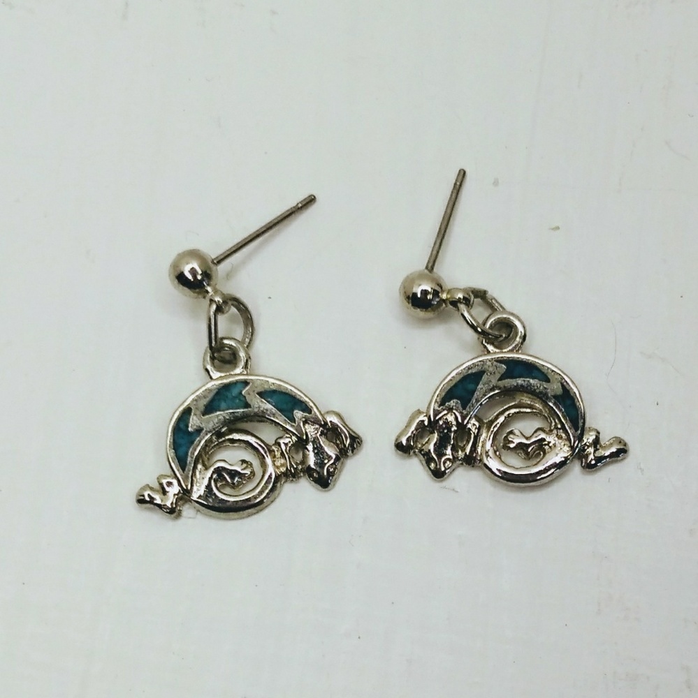 Pewter gecko and genuine turquoise earrings